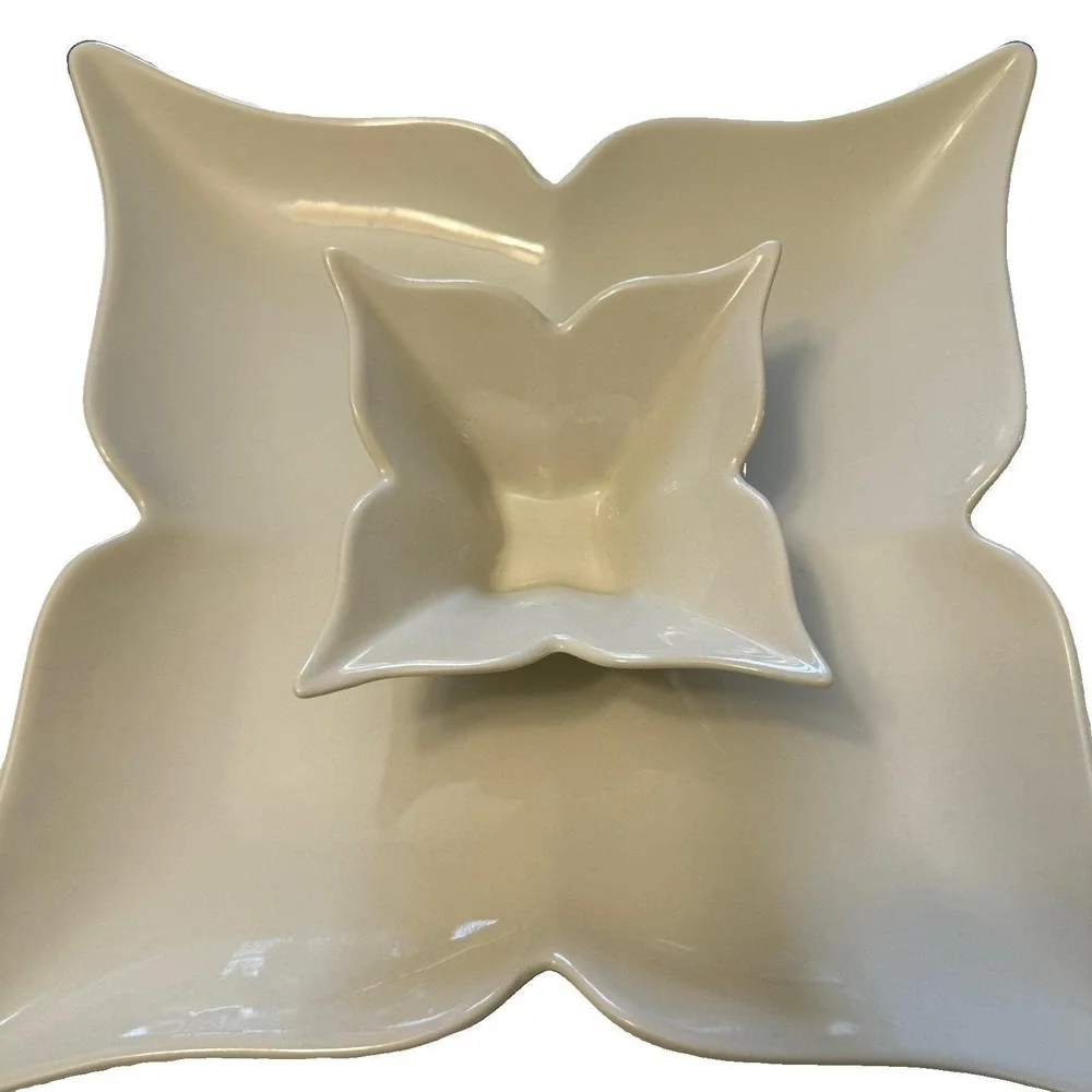 Godinger Fiori Collection White Porcelain Lotus Serving Platter Dip Bowl Set